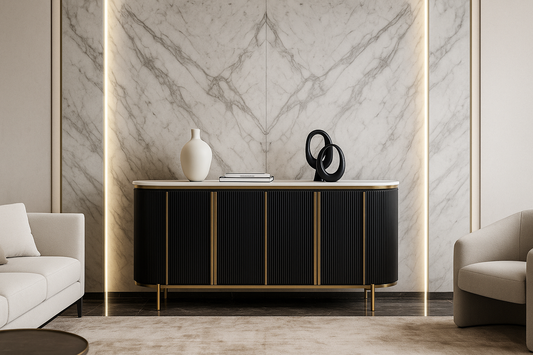 Modern black sideboard with decorative items against a marble wall in a living room setting.