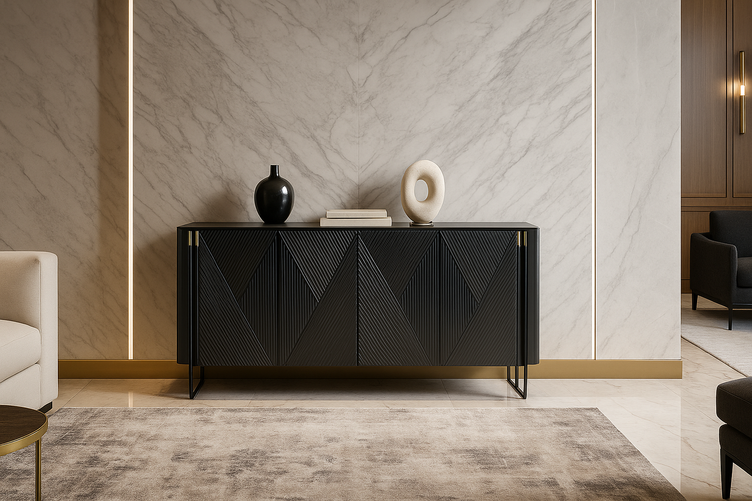 Modern black sideboard with decorative items against a marble wall.