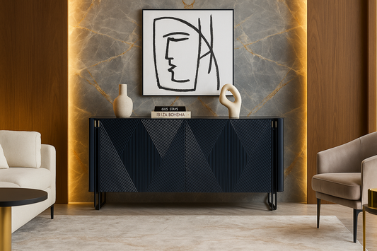 Modern living room with a black geometric radiator, white vase, and abstract art on a marble wall.