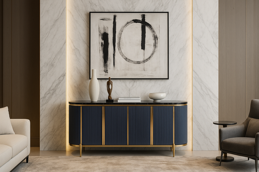 Modern interior with a blue sideboard, abstract art, and decorative items.
