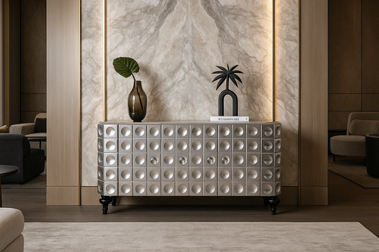 Decorative chester table with a textured surface in a stylish room setting.