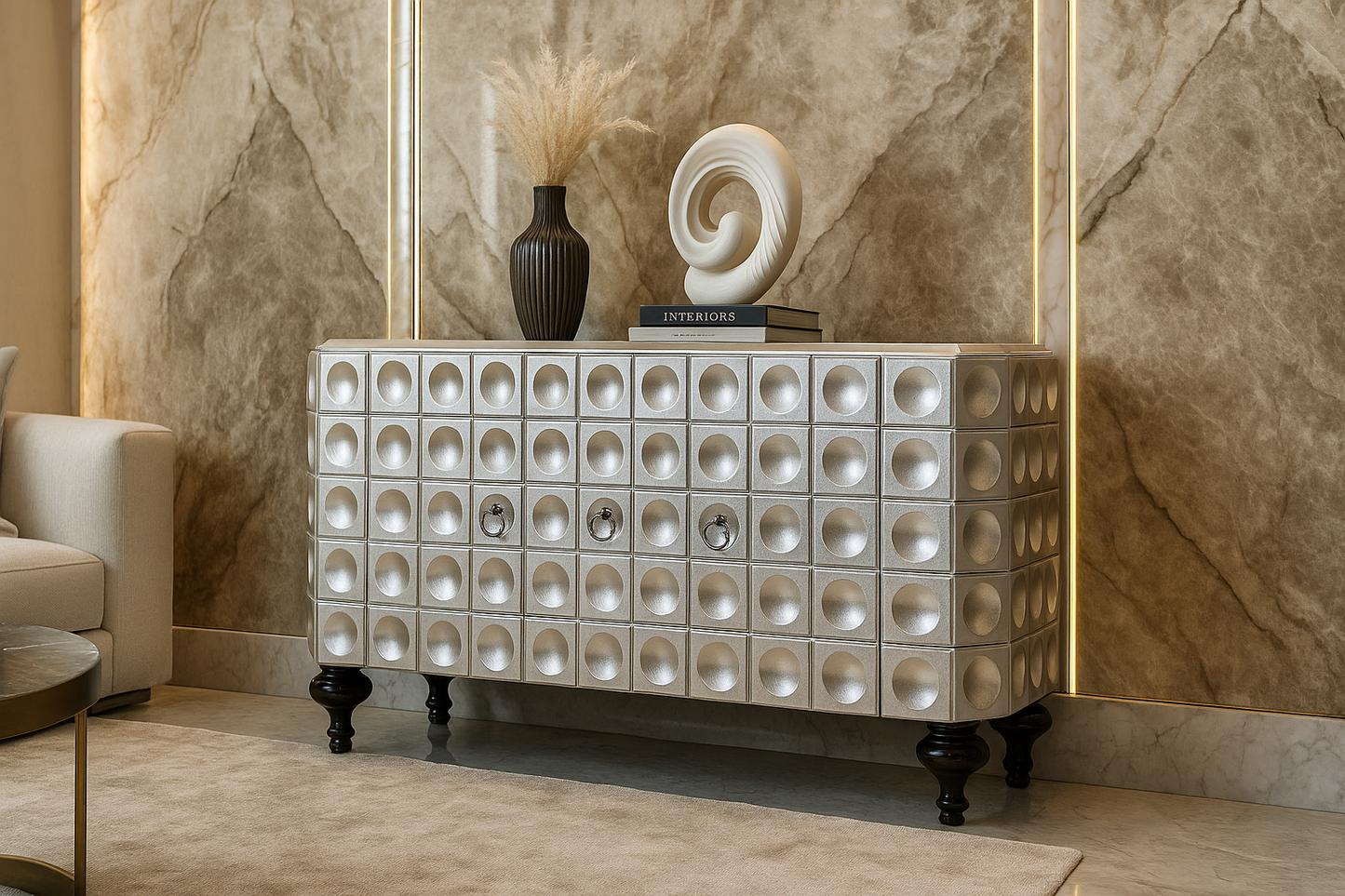 Decorative chester table with a textured surface in a room with marble walls.