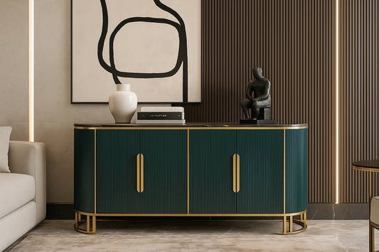 Modern green sideboard with gold accents in a stylish room.