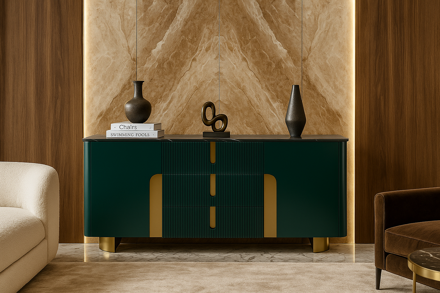 Modern green chester table with gold accents against a marble wall in a living room setting.