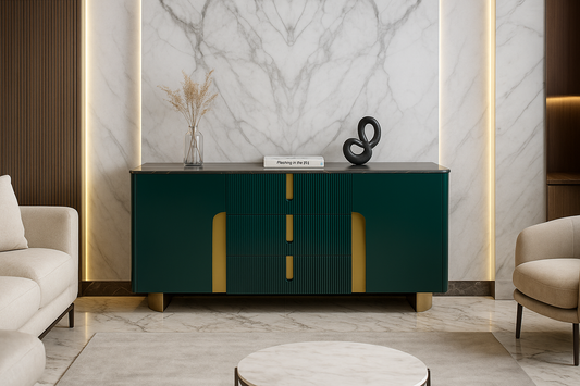 Modern living room with a green and gold sideboard against a marble wall.