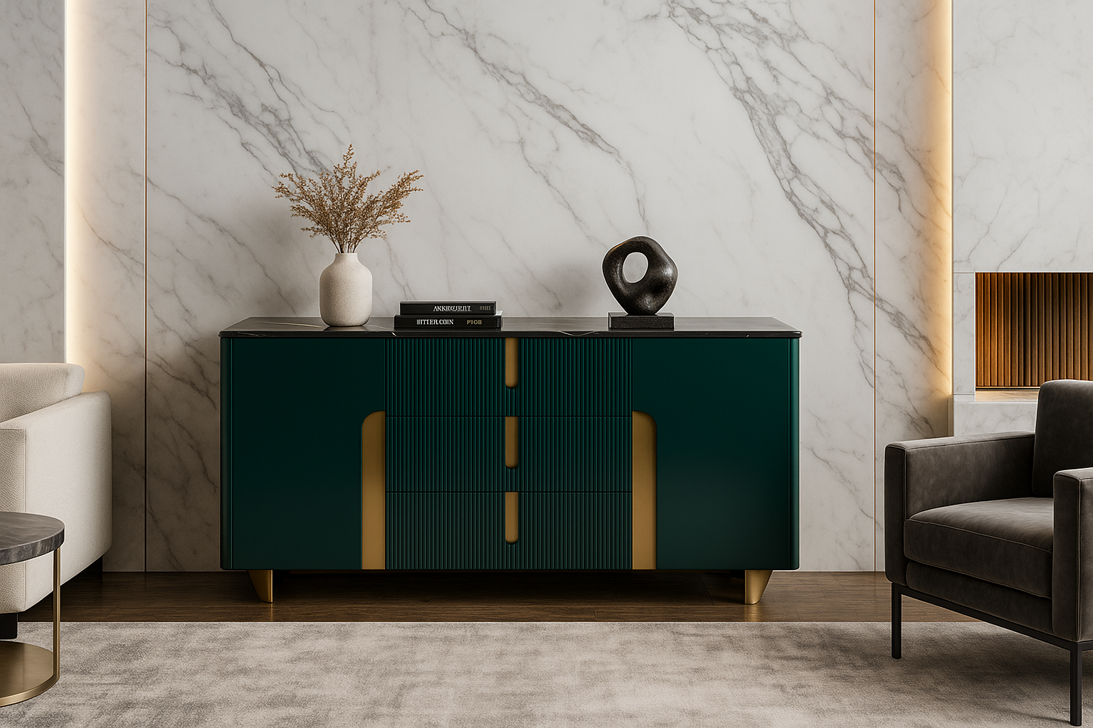 Modern green sideboard with gold accents against a marble wall.