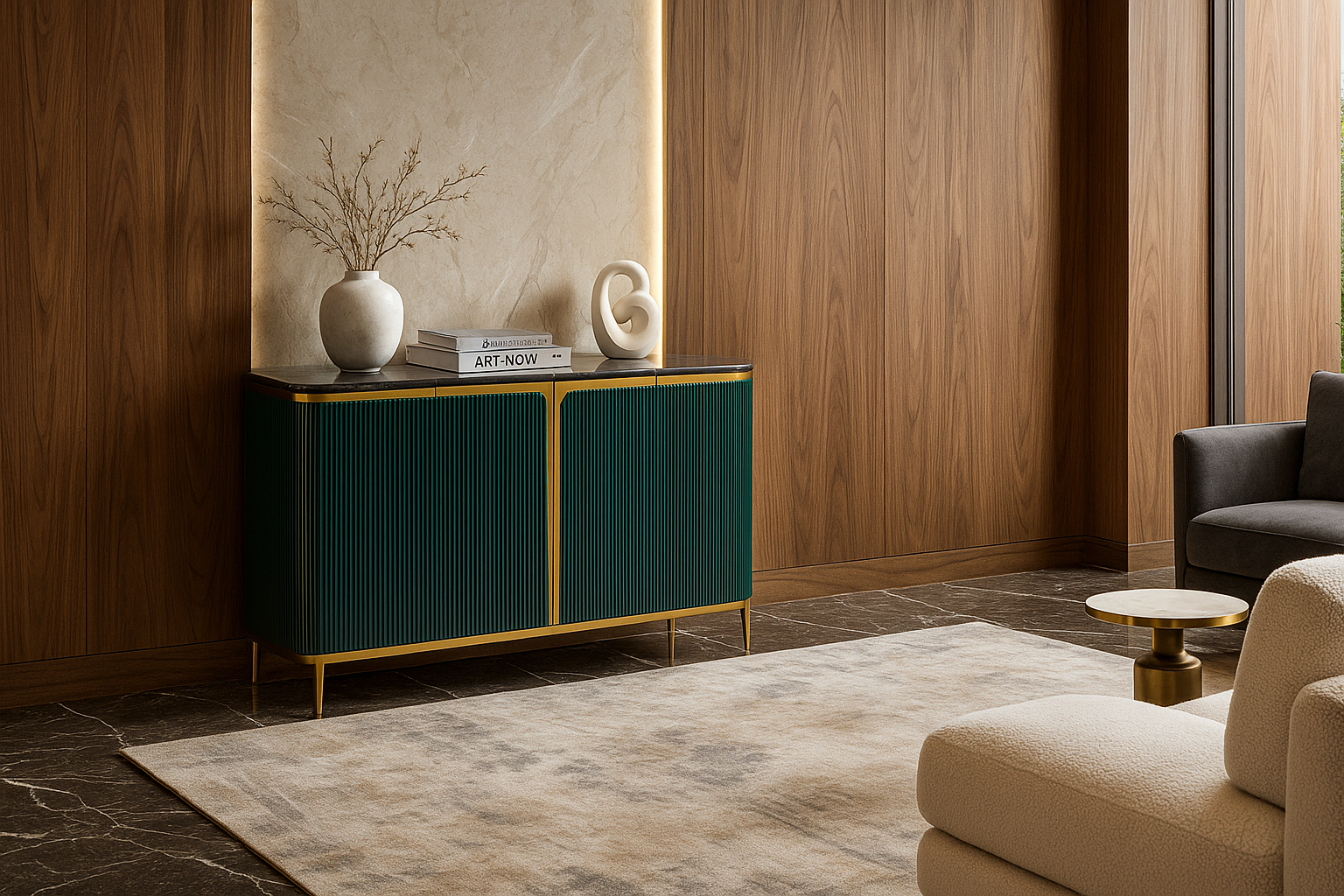 reen sideboard, gray sofa, and decorative items.