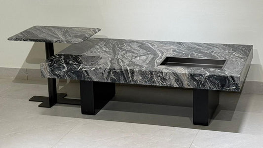 Modern luxury black marble center table set with integrated tray and side table.