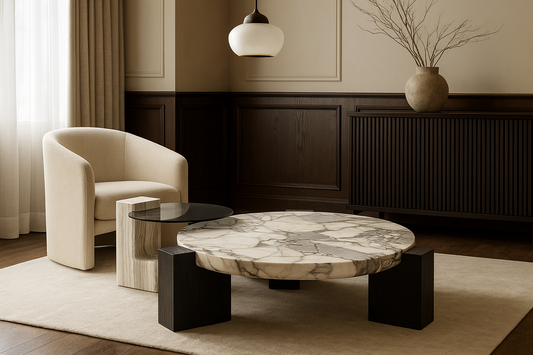 Round marble center table with bold stone base and smoked glass accent table in luxury interior setting