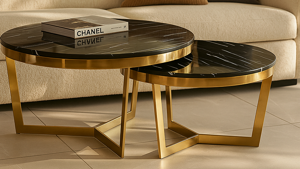 Round black marble top nesting center tables with golden base

