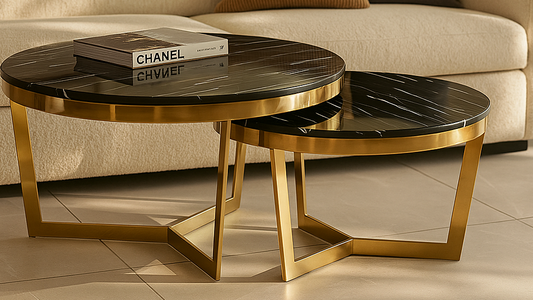 Round black marble top nesting center tables with golden base

