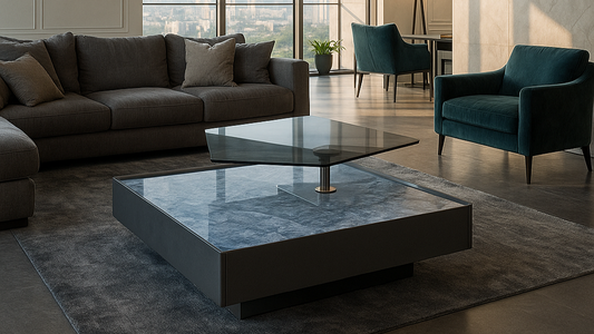 Luxury modern marble center table with rotating smoked-glass top in graphite finish.
