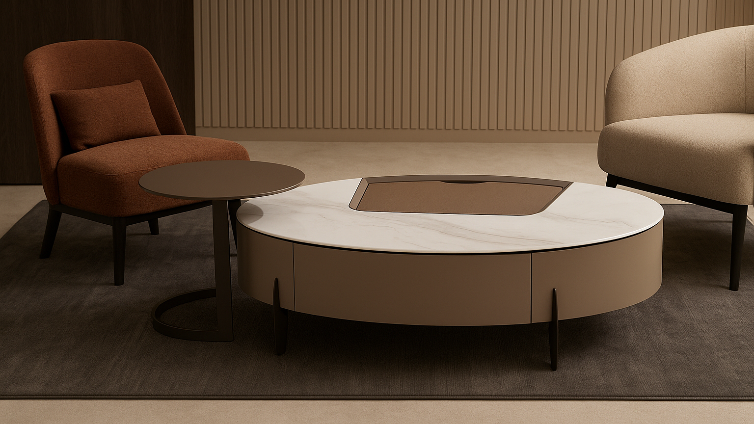 Luxury oval marble center table with side unit for modern living rooms