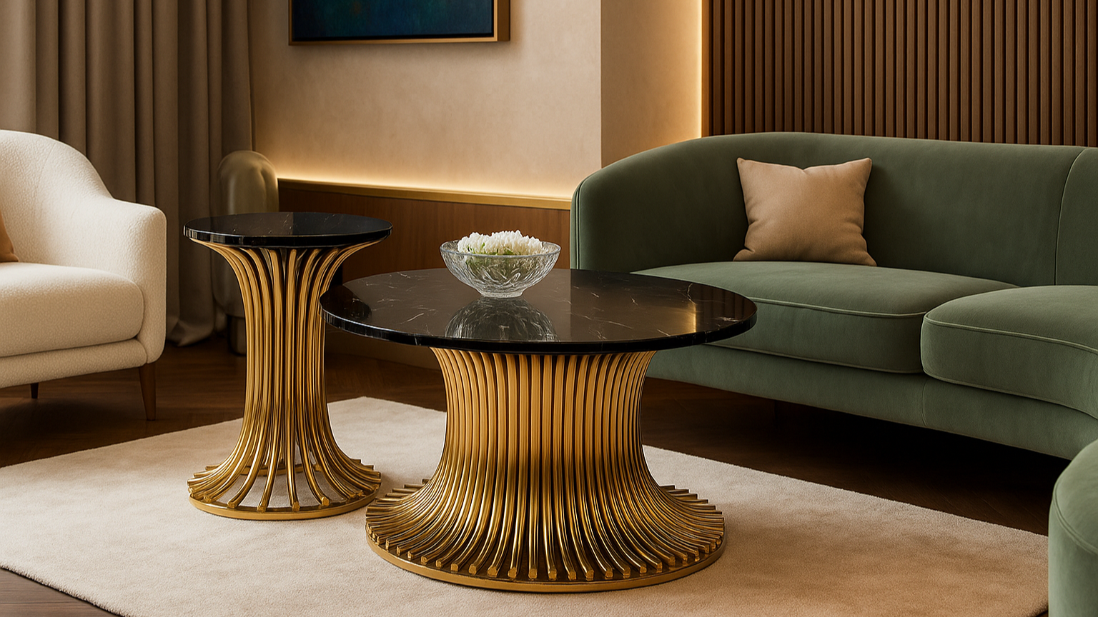 Luxury black marble coffee table set with sculptural golden blooming bases — TAS Living
