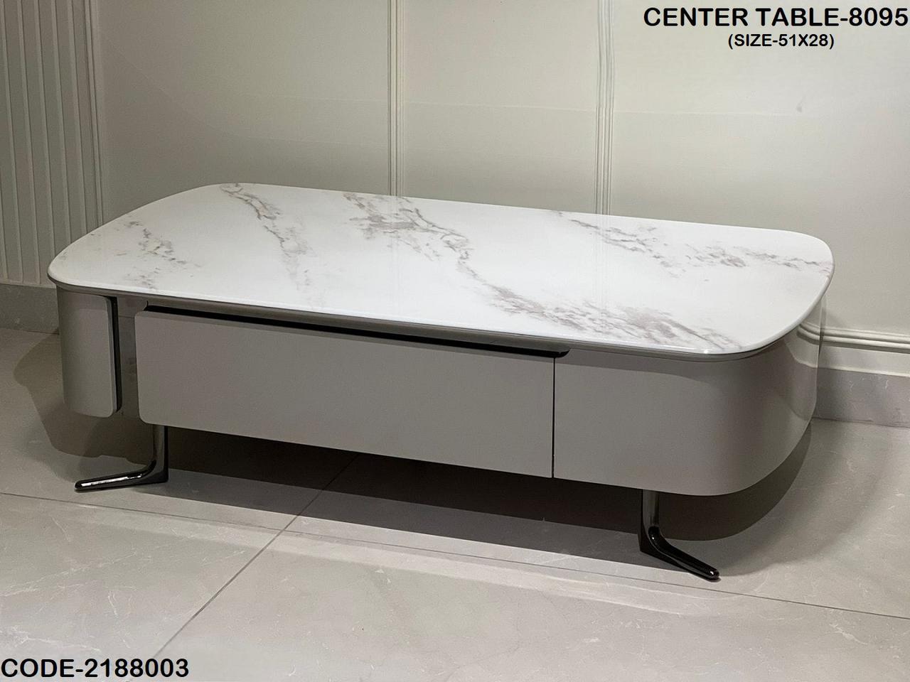White marble coffee table with rounded edges and chrome legs — TAS Living