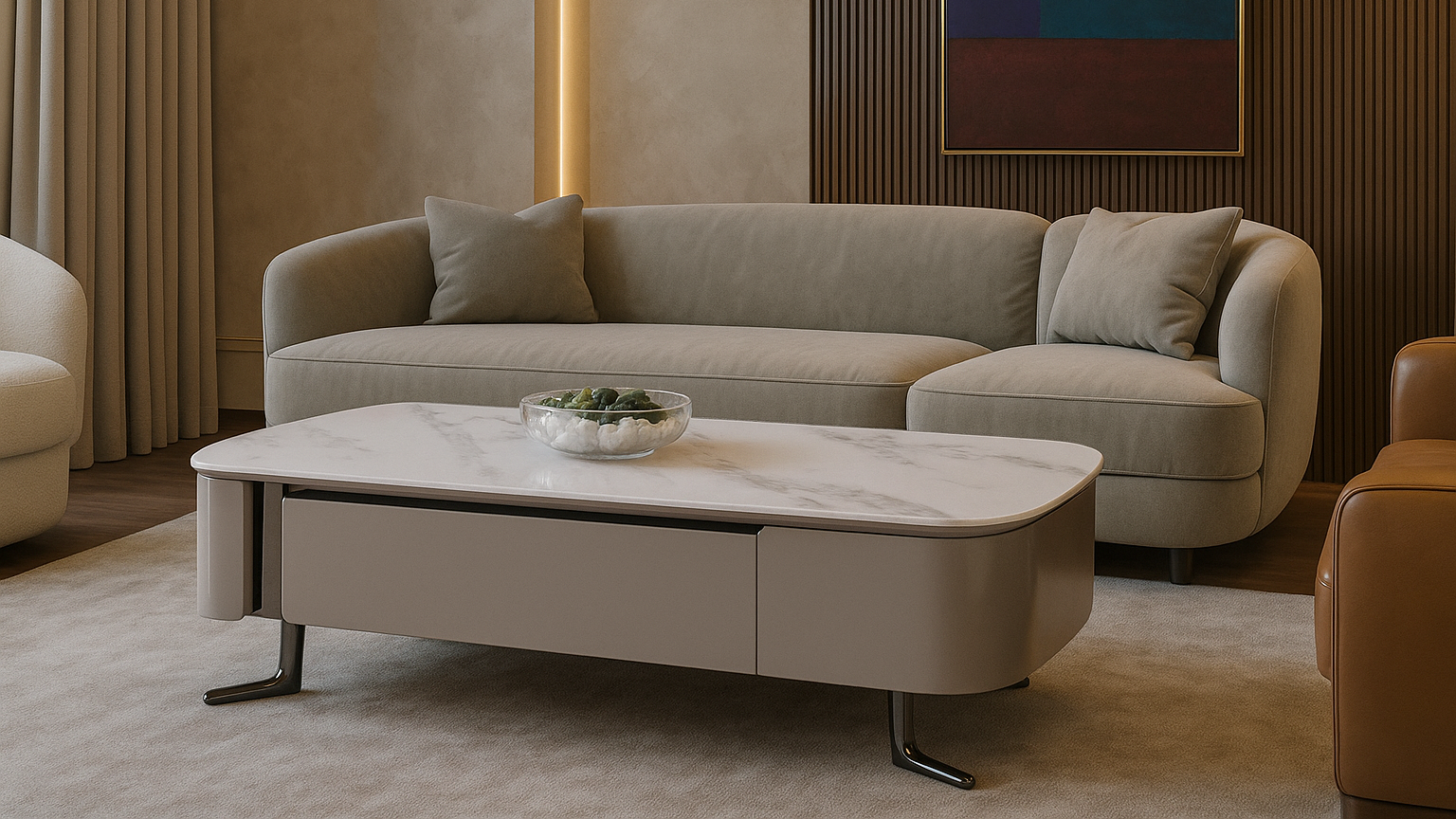 Rectangular white marble top coffee table with curved body — TAS Living