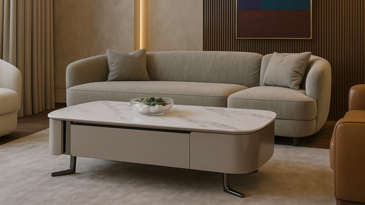 Rectangular white marble top coffee table with curved body — TAS Living