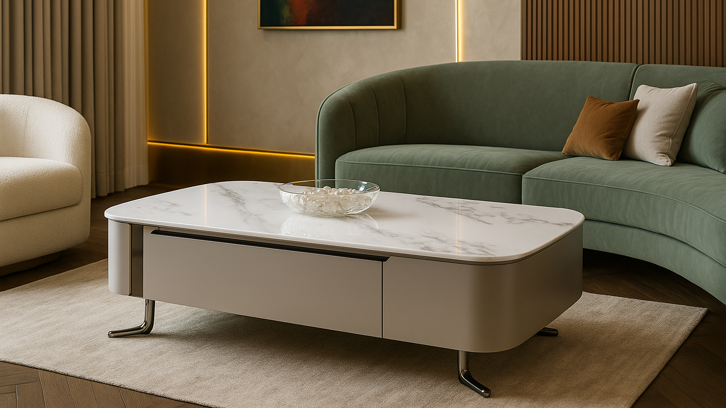 Modern marble coffee table with storage and sleek chrome supports — TAS Living