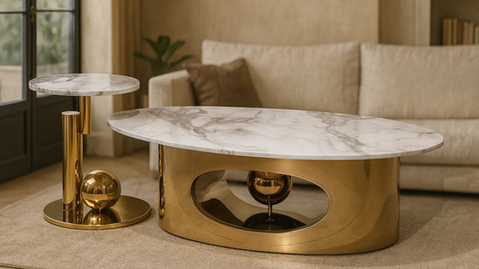 Luxury marble coffee table set with golden base and sculptural orb details — TAS Living