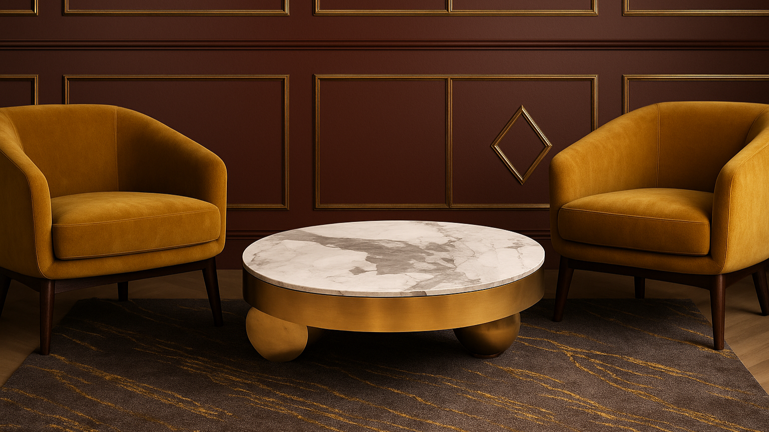 Round marble center coffee  table with antique gold spherical legs and luxury sculptural base