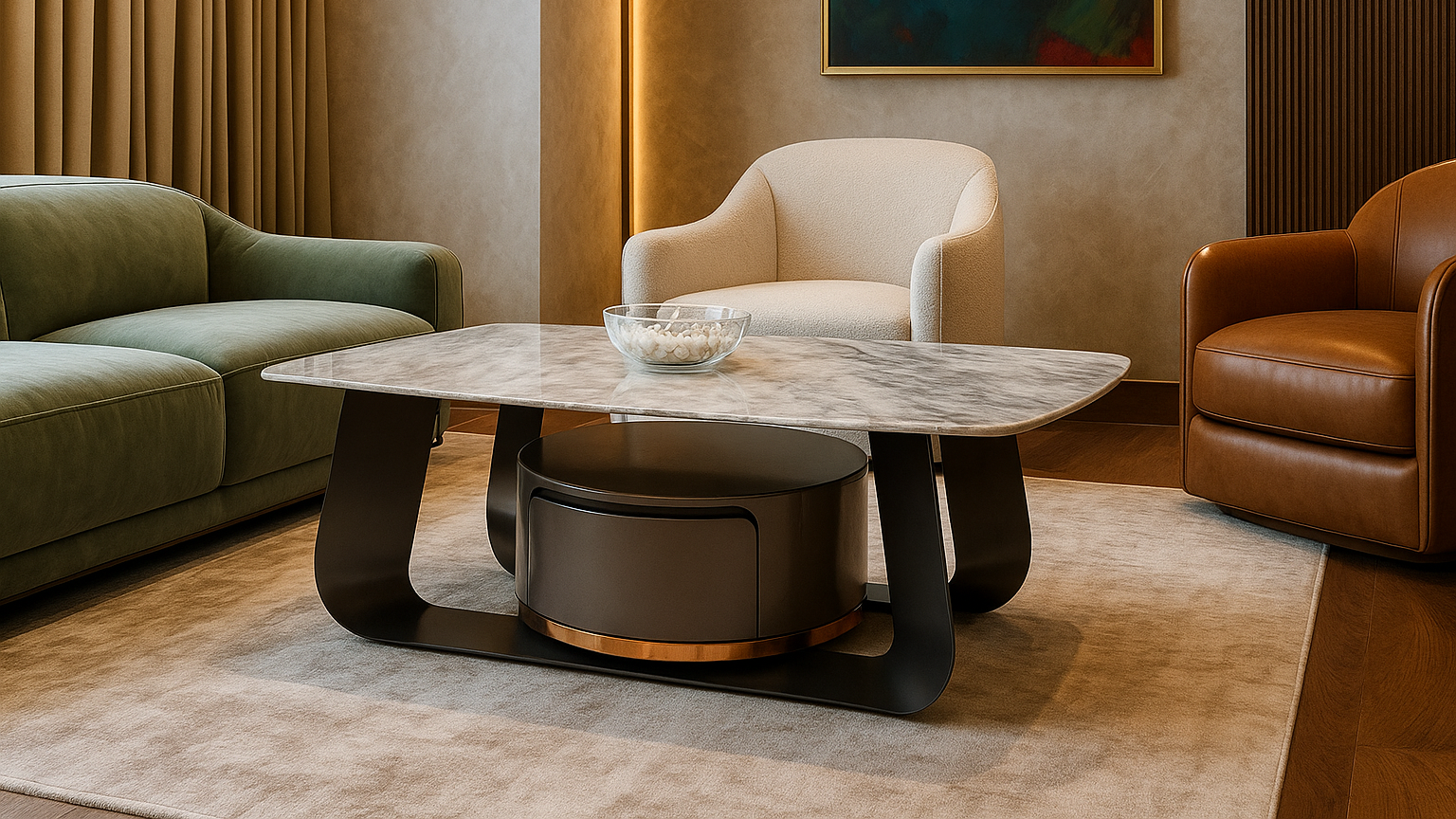 Luxury grey-veined marble coffee table with taupe cylindrical storage — TAS Living