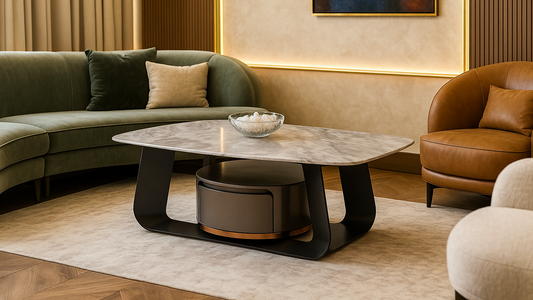 Rectangular marble coffee table with black sculptural base and storage — TAS Living