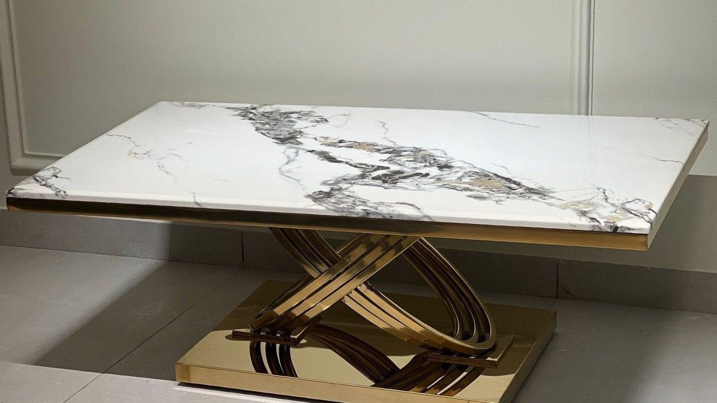 Gold twist pedestal marble top center table with sculptural modern design

