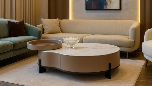 Curved white marble coffee table with taupe base and raised tray — TAS Living