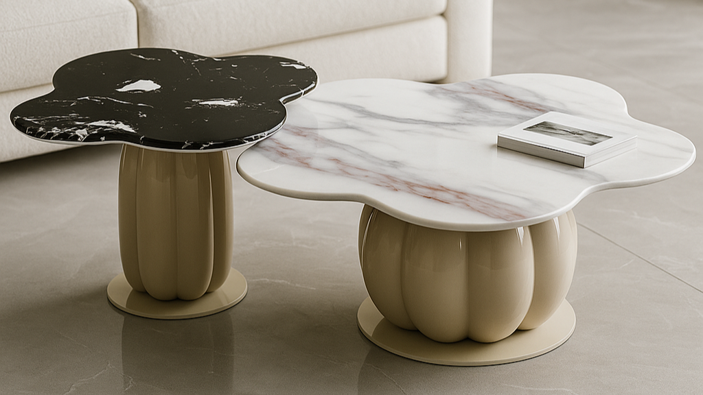 Artistic marble coffee table set with sculpted organic shapes and contrasting black-white tops
