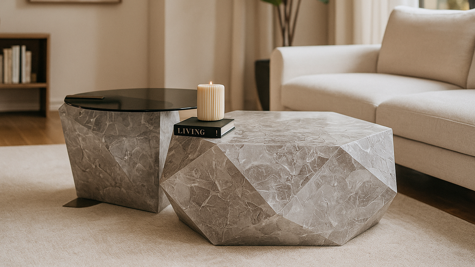 Designer faceted marble coffee table set with glass top for luxury interiors.

