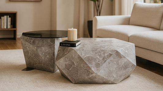 Designer faceted marble coffee table set with glass top for luxury interiors.

