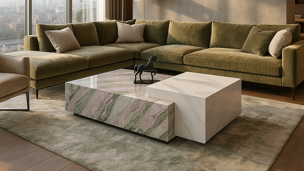 Pastel green and white marble center table for luxury interiors

