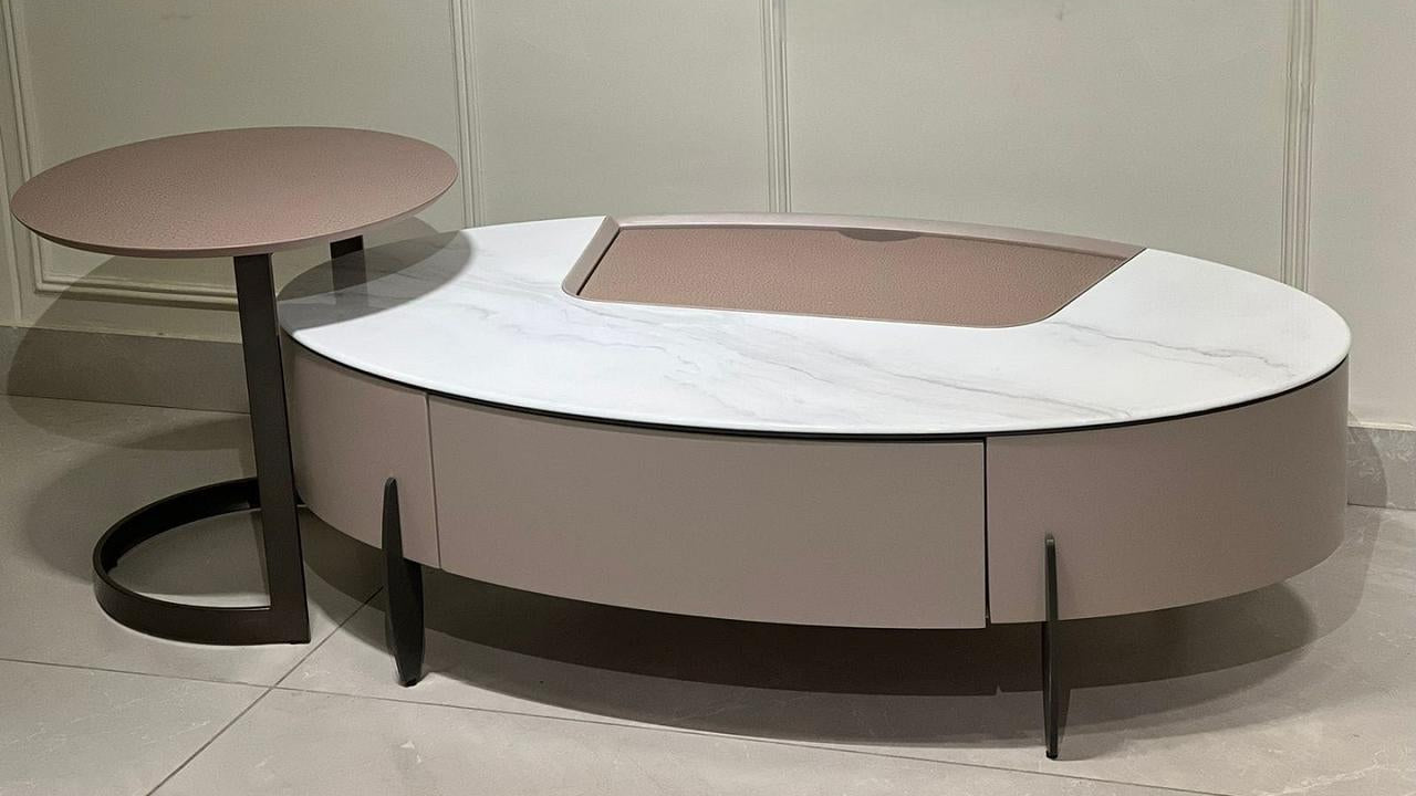 Modern blush and marble dual coffee table set with black legs — TAS Living