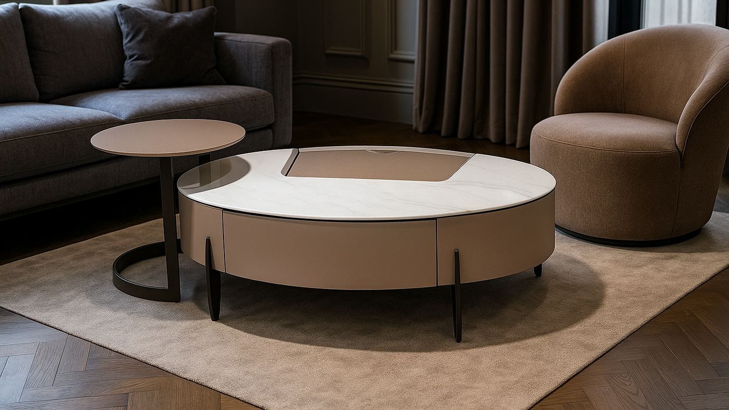Luxury blush-toned coffee table set with leatherette inlay and marble top — TAS Living