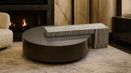 Luxury monochrome artistic center coffee table with bold geometric design.
