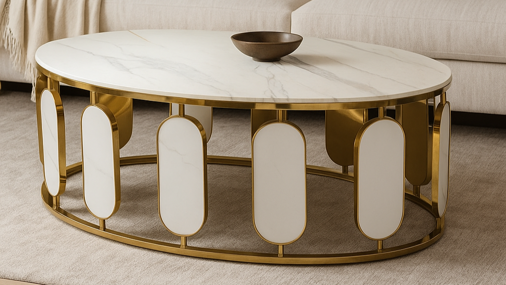 Oval Marble Center Coffee Table with Gold Frame for Luxury Interiors

