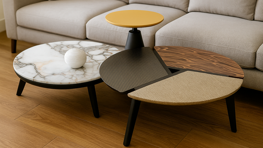 Luxury mixed-material center coffee table set of three with marble, wood, and fabric finish – TAS Living.

