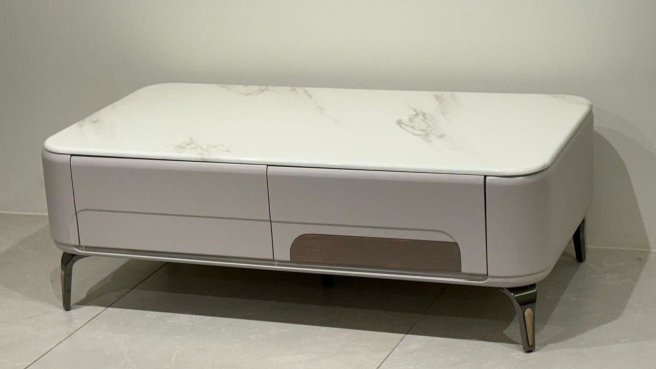 Rectangular marble coffee table with ivory body and wood accent — TAS Living