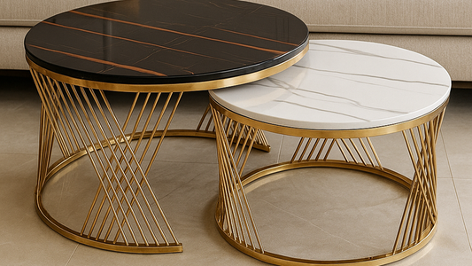Black and white marble center table set with gold wireframe base in luxury modern setting
