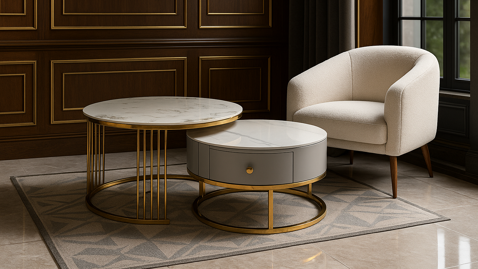 
Luxury grey marble nesting center tables with gold frame by TAS Living