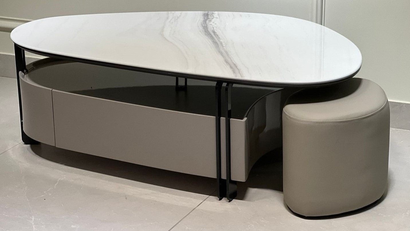 "Contemporary marble top center table with storage and stool – TAS Living"
