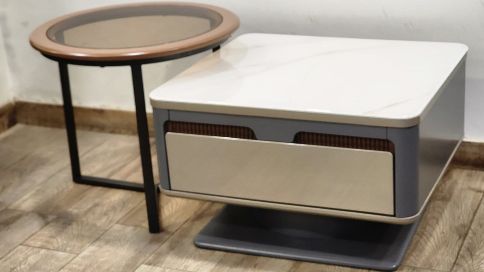 "
Compact grey and glass dual center table set with drawer"