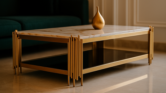 Luxury rectangular marble-top center coffee table with gold metal frame – TAS Living.

