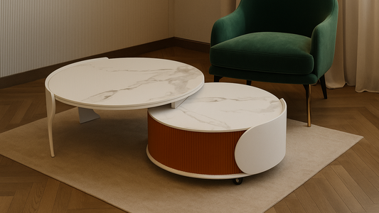 Round modern white marble nesting center tables with orange ribbed base