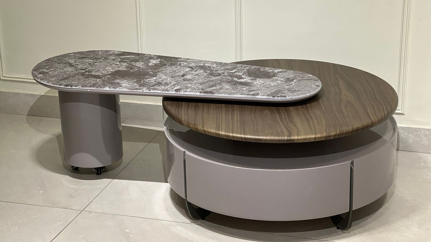 Dual marble and wood top modern center table set