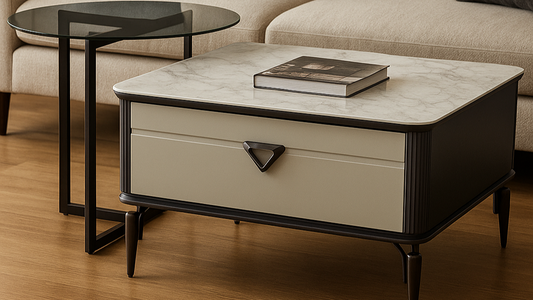 Modern marble and glass nesting center table set with black metal frame

