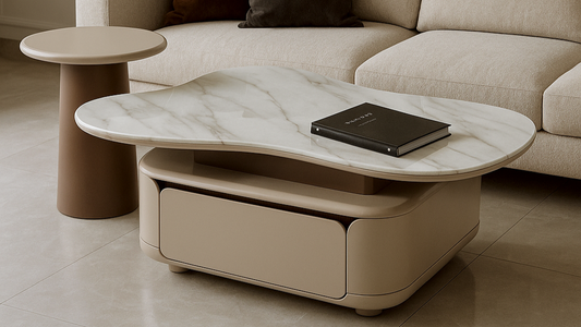 Oval marble top center table with matching round side table
