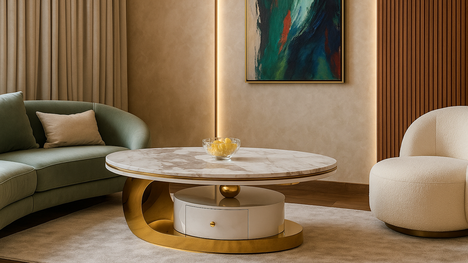 Luxury marble coffee table with golden elliptical base, orb detail, and storage drawer — TAS Living