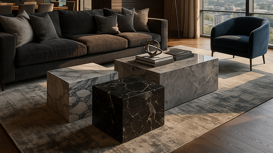 Set of three marble cube center tables in different shades