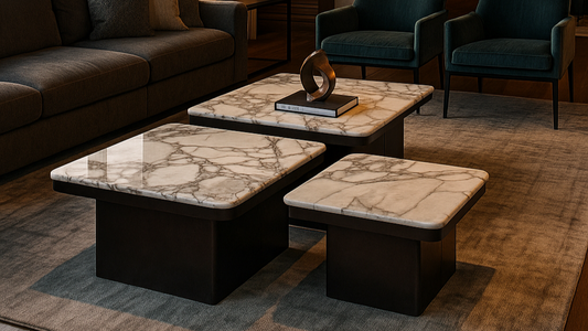 Set of three nesting marble coffee tables with polished tops

